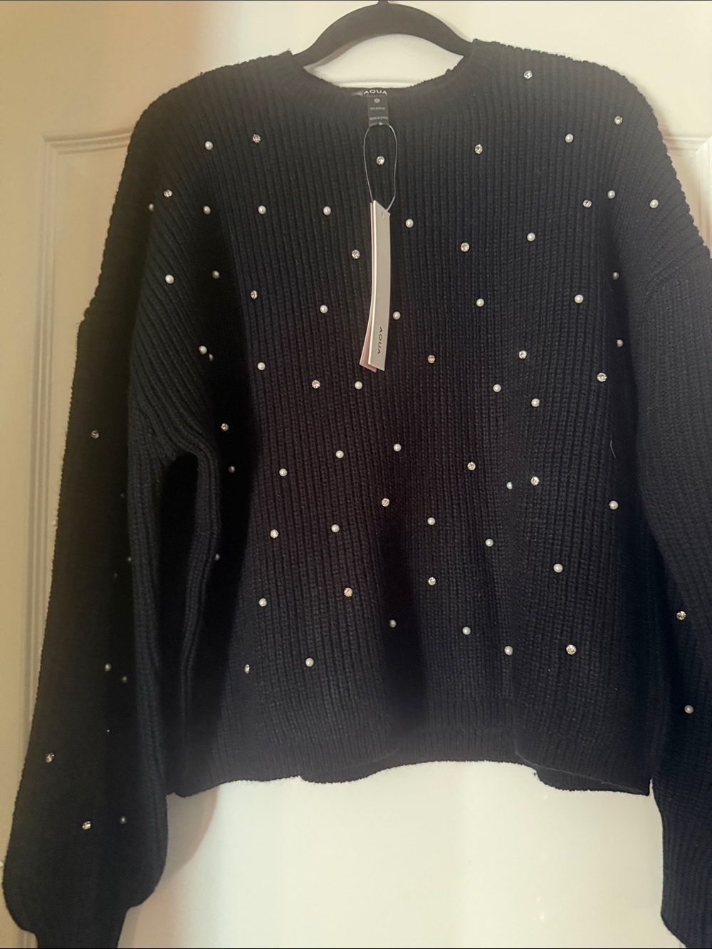 Aqua Black Crewneck Sweater with Pearl and rhinestone Embellishments NWT SZ L
